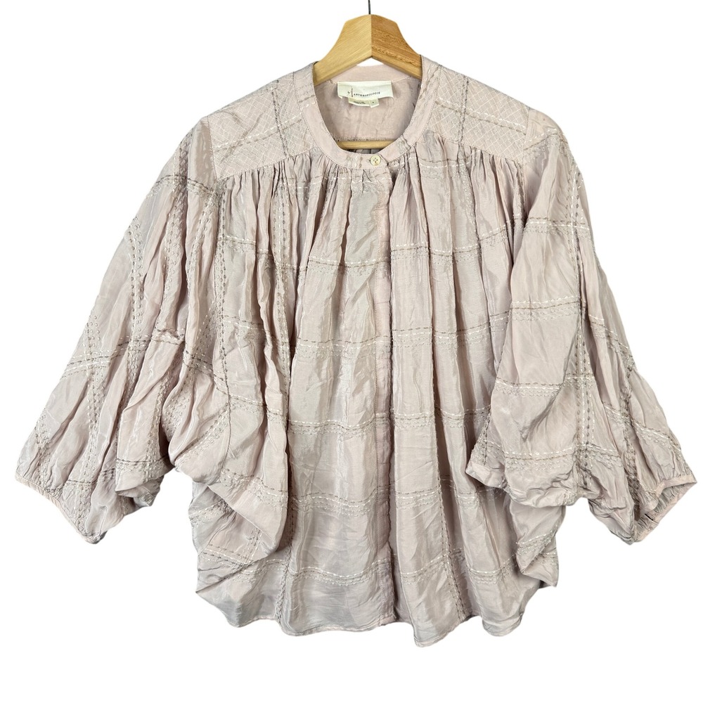 Anthropologie Sarabeth Textured Buttondown Blouse Blush Pink Silk Blend Small‎